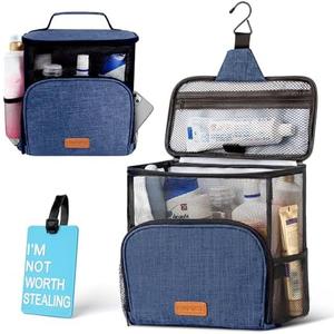 Hiverst Hanging Toiletry Bag, Shower Caddy Tote Bag (Updated Version, Full Size Bottle Compatible), Bath Organizer for College Dorms, Gym, Camp, Women Men, with Funny Luggage Tag
