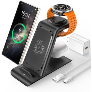 3 in 1 Wireless Charging Station for Samsung Wireless Charger for Galaxy Watch 8/7/6/5/Pro, Galaxy S25/Edge/Ultra/S25+/S24/S23/Note 20/10/Z Flip 7/6 Fold 7/6 Galaxy Buds 3/2/Pro/Live Multiple Devices (Black)