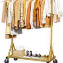 Heavy Duty Stainless Steel Rolling Clothes Rack with Mesh Shelf, Lockable Wheels & Anti-Slip Stoppers, Large Capacity Clothing Organizer for Bedroom, Laundry Room, 42.5" x 16.5" x 65.9", Gold