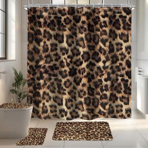LIGHTINHOME 4 PCS Leopard Print Shower Curtain Set 72Wx72H,Toilet Lid Cover,Non-Slip Rugs and U-Shaped Mat,Wild Safari Cheetah Bathroom Sets with Rugs Shower Accessories 12 Hooks for Bathroom Decor (Black Brown)