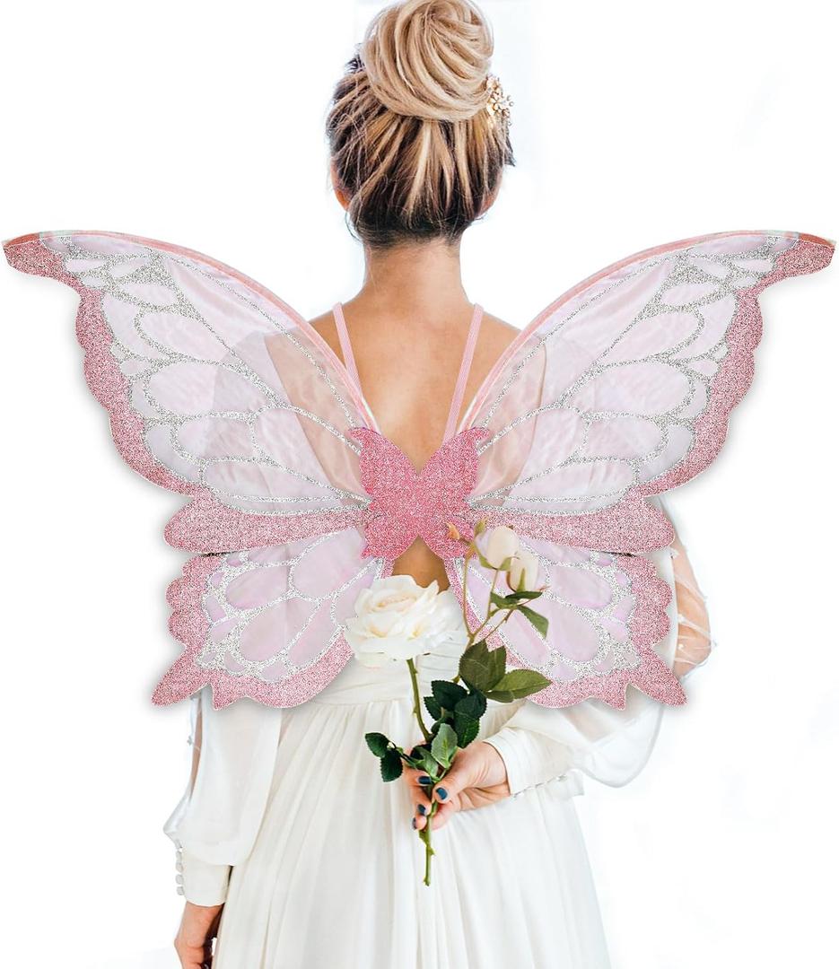 ALIBBON Butterfly Wings Glitter Fairy Wings Costume for Women, Butterfly Wings Princess Angel Elf Dress Up Accessories (Pink)