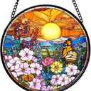 Stained Glass Window Hanging 7.8'' Wildflower Suncatchers Sunset Landscape Suncatcher Floral Stained Glass Ornaments Home Decor Mother's Day Plant Lover Gifts for Women Mom Nana Wife Couples