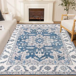 Living Room Rug 8x10 Machine Washable Navy Blue Vintage Bedroom Rugs with Rubber Backing - Oriental Large Indoor Soft Floor Carpet for Dining Room Under Table Home Office