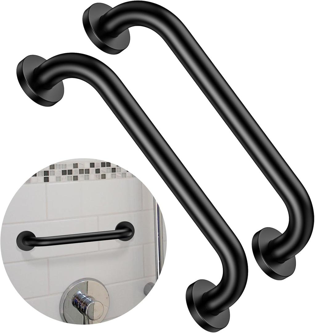 2 Pack 12 Inch Matte Black Shower Grab Bar,ZUEXT Stainless Steel Wall Mount Safety Grab Bar Handle,Bathroom Balance Bar, Safety Hand Rail Support - Handicap, Elderly, Injury, Senior Assist Bath Handle