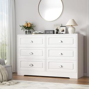 Dresser for Bedroom with 6 Drawers, Double Dresser & Chest of Drawers Wooden Organizer with Metal Handle, Storage TV Stand for Living Room, White