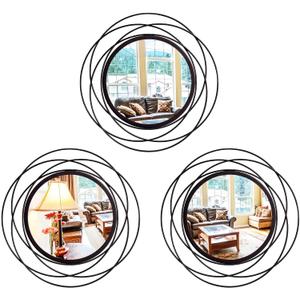 3 Set 9.5 Inch Black Circle Mirrors Wall Decor Iron Frame Wire Mirror Metal Circular Mirror Home Decor Hanging Mirrors for Room/ Bedroom/ Bathroom/ Entryway