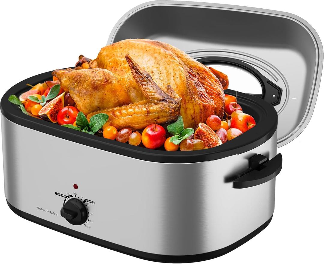 Roaster Oven 28 Quart, Electric Turkey Roaster with Self-Basting Lid, Removable Pan & Rack, Variable Temp Control, Stainless Steel Silver