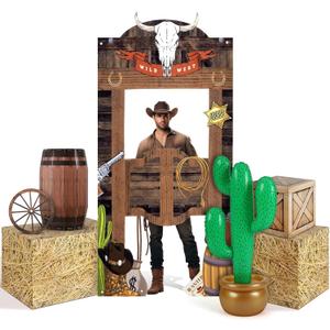 7 Pcs Western Cowboy Rodeo Party Decoration Kit Hay Bales Boxes Inflatable Cactus Prop Decor Western Backdrop Banner Wagon Wheel Village Accessories for Birthday Party Decoration Photo Props