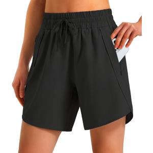 Ksmien Women's 5"/ 7" Athletic Running Shorts Quick Dry Lightweight Workout Gym Shorts with Zipper Pockets UPF 50+ Black XL
