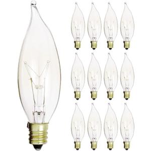 KOR (Pack of 12) 15 Watt Clear Candelabra Base (E12) Flame Tip 120V Decorative Dimmable Chandelier Lights Bulbs