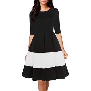 oxiuly Women's Vintage Half Sleeve O-Neck Contrast Casual Pockets Party Swing Dress OX253