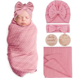 AQOKKA Newborn Receiving Blanket with Bow Hat Headband Wooden Card Set Wheat-Pattern Newborns Toddler Baby Boy Girl Nursery Swaddle Wrap