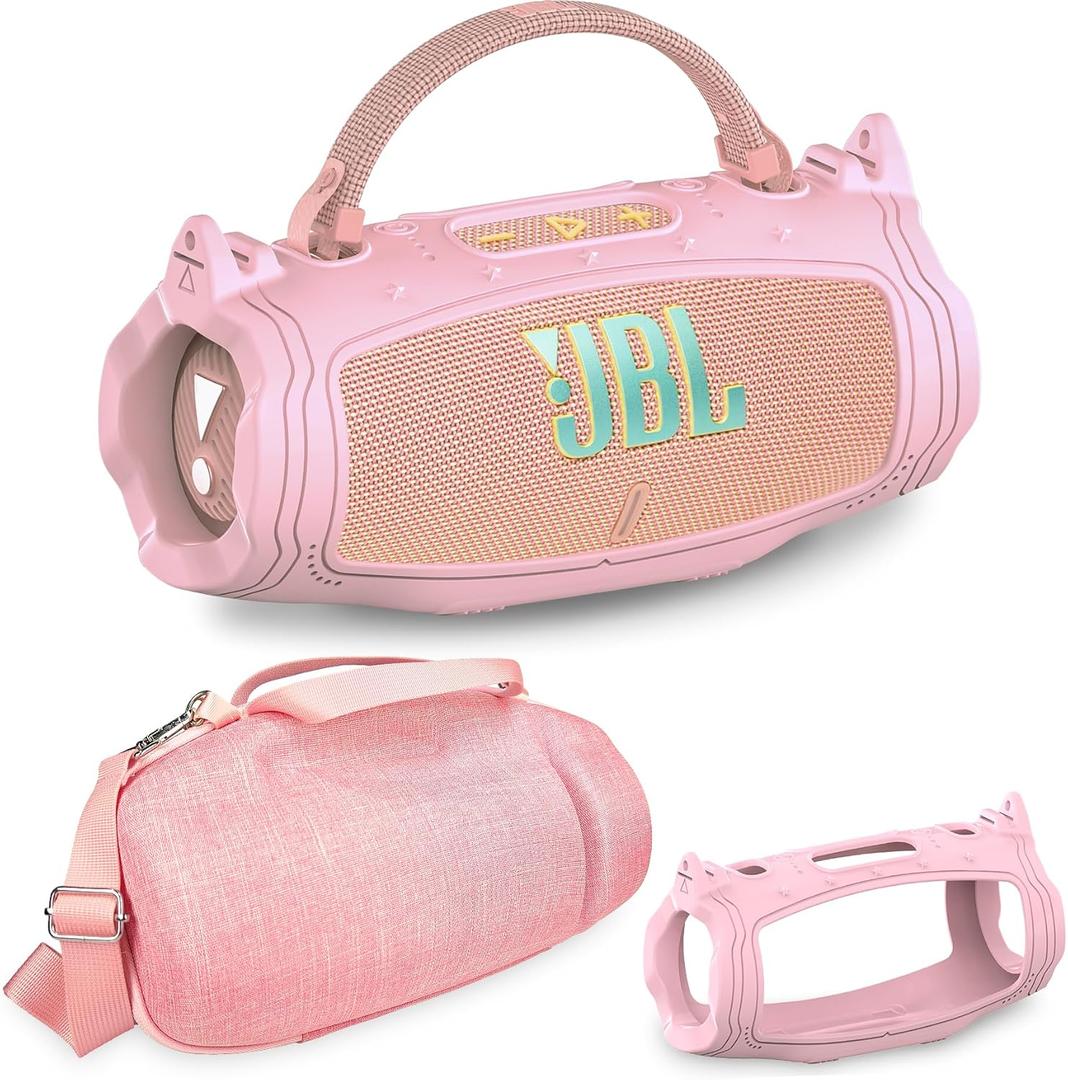 JCHPINE Silicone Cover and Hard Carrying Case for JBL Charge 6 Portable Bluetooth Speaker Accessories, Protective Cases for JBL Charge 6 AI Sound Bluetooth Speaker with Shoulder Strap (Pink)