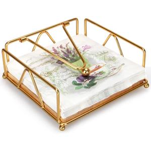 Gold Modern Napkin Holder for Table with Weighted Arm, Square Metal Flat Napkin Holder Farmhouse Napkin Box Rustic Napkin Tray for Paper Napkins, Kitchen, Countertops, Bathroom, Dinner, Outdoor