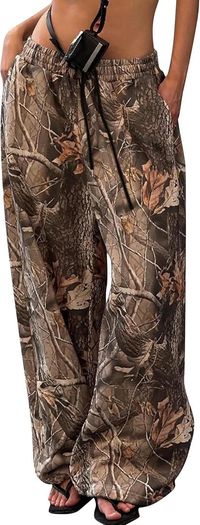 Eutten Women Wide Leg Camo Sweatpants High Waisted Drawstring Baggy Jogger Fleece Loose Sweat Pants with Pockets (Medium, Brown)