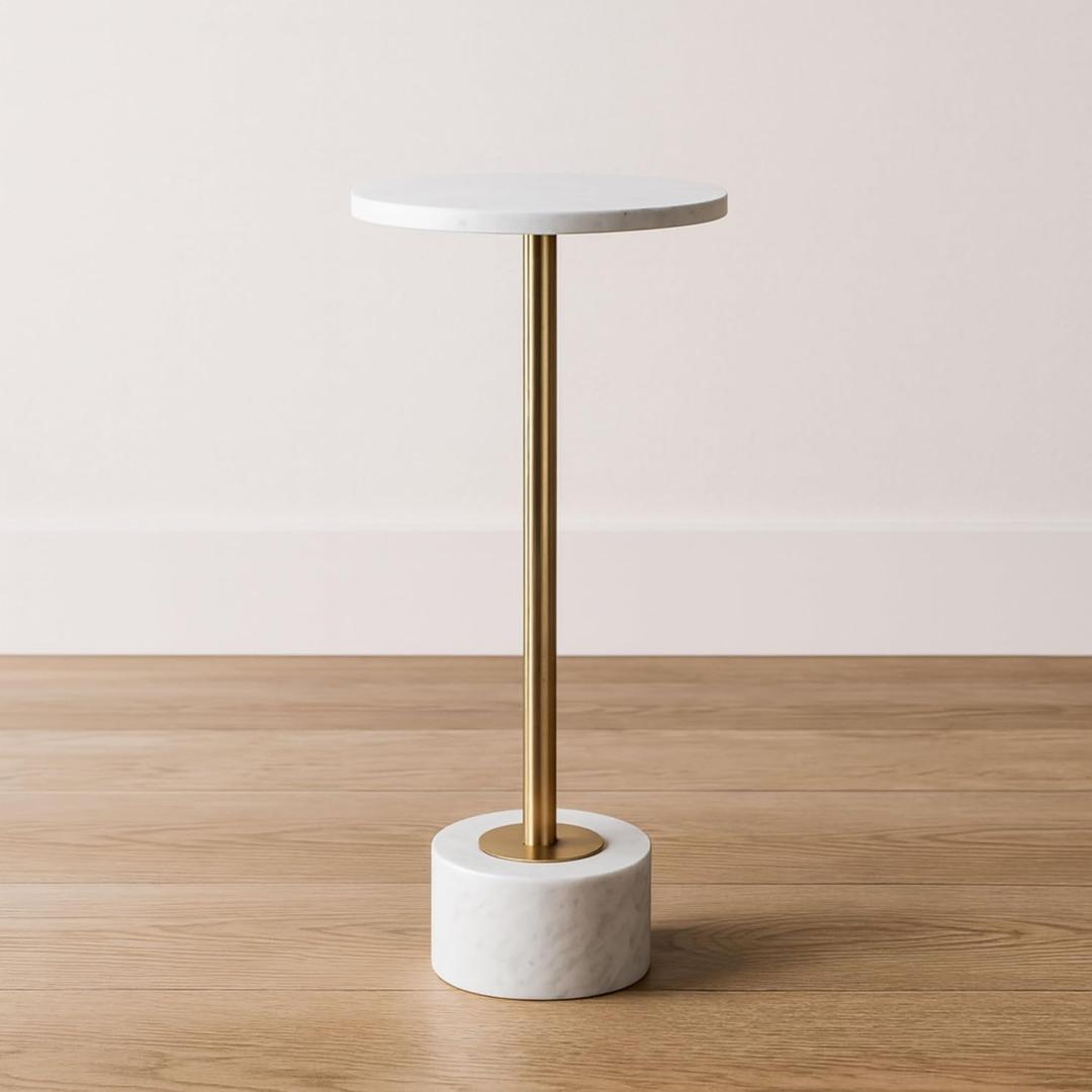 Round End Table with Marble Top  Modern Home Decor Accent for Living Room, Bedroom, or Small Spaces  Slim Metal Frame Bedside Table for Drinks, Plants, or Lamps  24"x10", White & Gold
