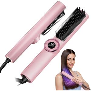 Hair Straightener Brush: Upgraded Straightening Comb for Women with Dual Voltage, Pink