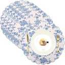 Gandeer Set of 6 Round Placemats 15 Inch Cotton Linen Scalloped Embroidery Placemats Washable Double Layered Rustic Dinner Table Mats Decor Fabric for Hotel Restaurant Kitchen (Floral/ Blue)