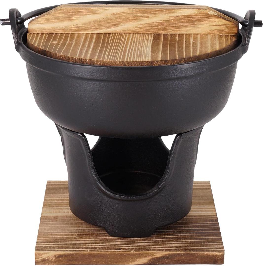 7" Cast Iron Japanese Sukiyaki Hot Pot, Cheese Fondue, Camping Cooking - Individual or Couple's Size - Nabe Shabu nabemono Pot, Alcohol Stove, Wooden Lid - Ideal for High-End Restaurants