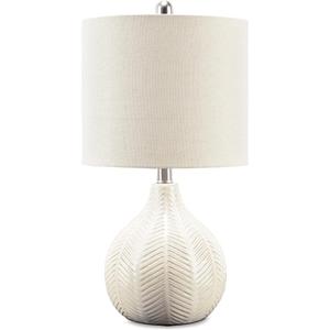 Signature Design by Ashley Rainermen Casual Ceramic Table Lamp, Transparent White Glaze Finish, Drum Hardback Fabric Shade, 11" W x 11" D x 21" H, Off White