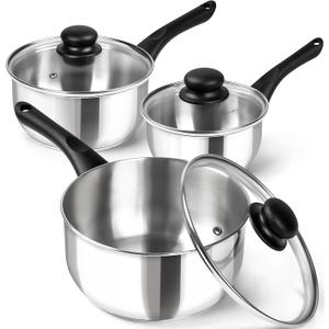 MICHELANGELO Stainless Steel Saucepan with Lid 6pcs, Triply Base Stainless Steel Pot Set, Saucepan Set with Bakelite Handle - 1QT & 2QT & 3QT
