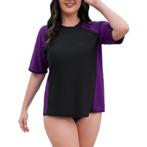 Halcurt Women's Plus Size Short Sleeve Rash Guard Swimsuit Top with Built in Bra Swim Shirt UPF50+ Bathing Suit (2X)