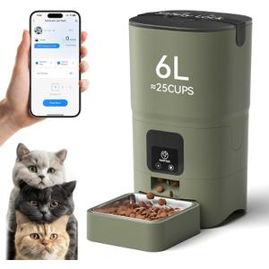 PAPIFEED Automatic Cat Feeder with App, 2.4G WiFi Cat Food Dispenser, 6L Timed Cat Feeders for Dry Food, 10 Meals/Day, 12 Portions/Meal, Dual Power Supply Smart Pet Feeder for Small Dog, Army Green