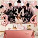 34th Birthday Decorations for Women, 49pcs Black Rose Gold Black Happy 34th Birthday Banner, Tablecloth, Butterfly Decor, Sash and Tiara, Cake Topper, Candles, Balloons Arch