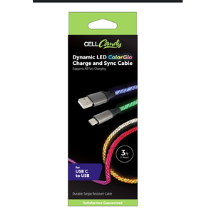 Dynamic LED ColorGlo Charge & Sync Cable, 3 ft (1 Meter), For USB C to USB C