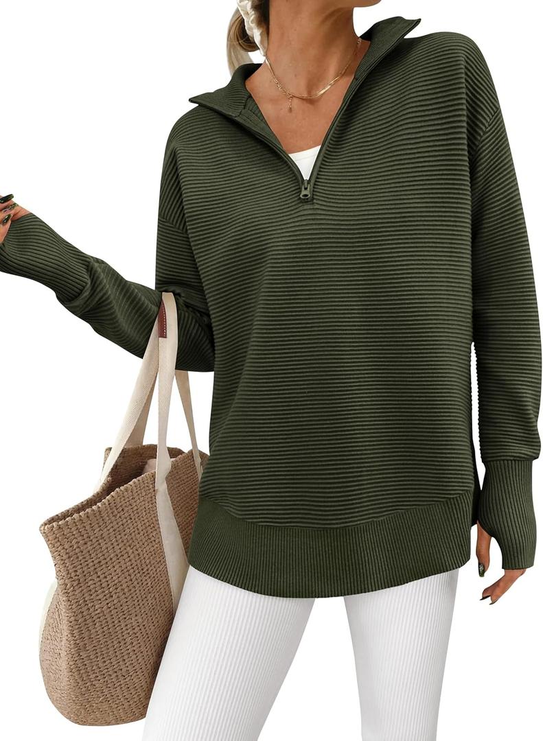 PRETTYGARDEN Womens Long Sleeve Quarter Zip Pullover Sweater Casual Loose V Neck Collared Ribbed Knit Jumper Tops Thumb Hole (Medium, Army Green)