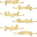 12 Pieces Christmas Thankful Blessed Merry Joyful Peace Family Wood Cutout Rustic Thankful Plate Letter Sign Decor Inspirational Letter Wood Sign for Home Table Plates Table (Natural Color)