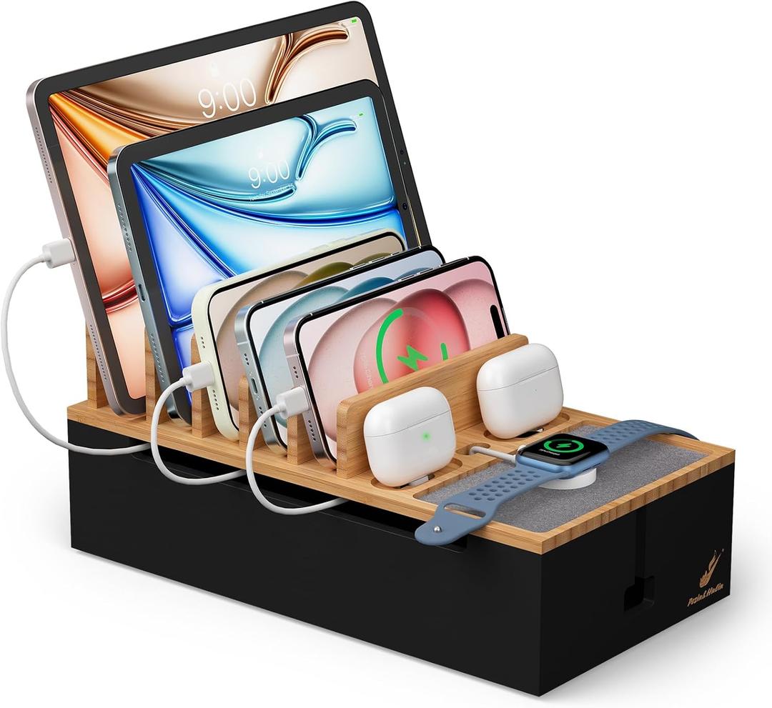 Pezin & Hulin Cord Organizer Box, Surge Protector Organizer, Device Charger Station for Phones & Tablets, Wood Charging Dock -with 6 Wire Cables, BUT NO Power Supply - Natural + Black