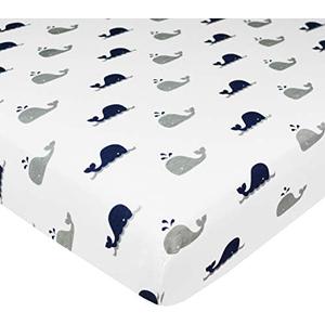 American Baby Company 100% Natural Cotton Fitted Mini Crib Sheet 38" x 24" - Soft & Breathable Small Nesting Portable Crib Sheet, Fits Pack N Play Mattresses, Navy Whale, for Boys & Girls