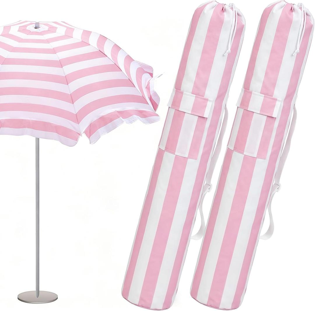 Teenyyou 2 Pcs Beach Umbrella Storage Bag Foldable Waterproof Beach Bag for Umbrellas with Wide Padded Shoulder Strap & Molded Carry Handle Summer Stripe Patio Storage Carrying Covers (Pink and White)