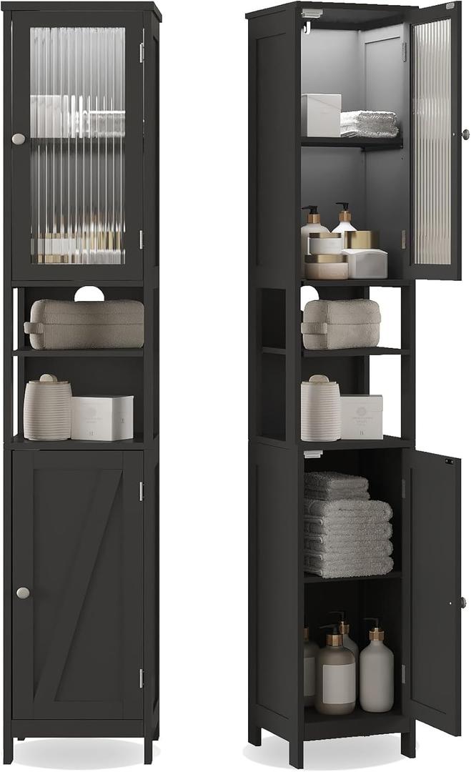 ChooChoo Tall Bathroom Storage Cabinet with Light5-Tier Narrow Bathroom Cabinet with 2 Doors, Slim Storage Linen Cabinet Freestanding with Adjustable Shelves for Space Saving, Black