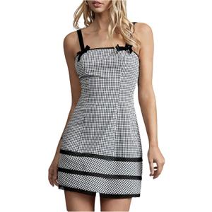 MakeMeChic Women's Fall Mini Dress Bow Gingham Dress Checkered Spaghetti Strap Dresses (Medium, Red and White)