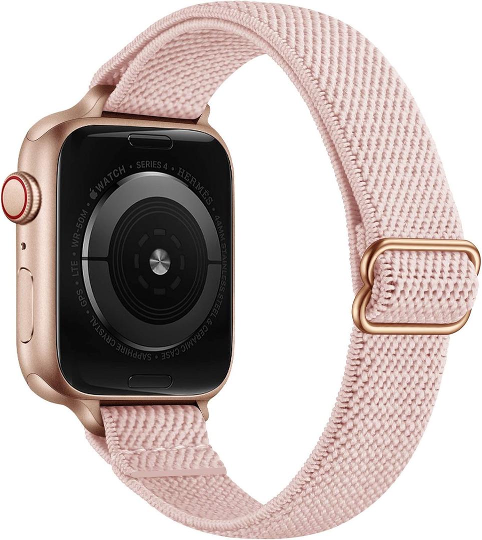 SICCIDEN Slim Stretchy Bands Compatible with Apple Watch Band 46mm/49mm/45mm/44mm/42mm, Women Elastics Nylon Thin Strap for iWatch Ultra SE 3/2/1 Series 11 10 9 8 7 6 5 4 3 2 1 (Pink Sand/Rose Gold)