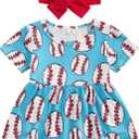 Newborn Baby Girl Baseball Outfit Short Sleeve Romper A Line Baseball Dress Headband Infant Summer Clothes (12-18 Months, Blue)