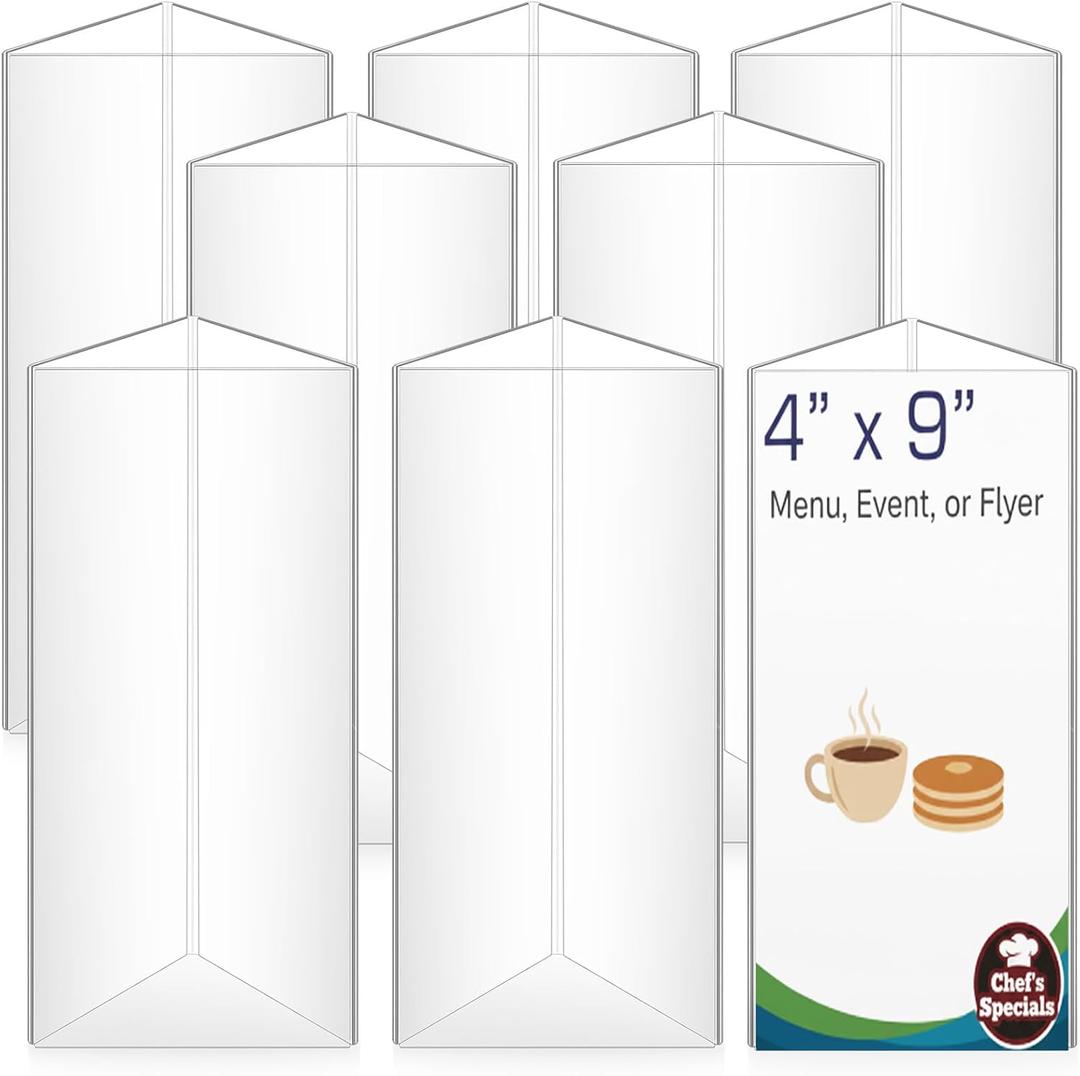 8 Pack Acrylic Table Tent Sign Holder, Clear Three Sided Display Stand for Menu Flyer Promotion, Countertop Desktop Use in Restaurant Retail Office (4 x 9 Inch,3 Side)
