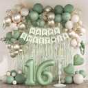 73pcs Sweet 16 Party Decorations, 16 Birthday Decorations with 16th Birthday Banner 16 Balloon Number Fringe Curtain Sage Green Sand White Gold Balloons for Sweet 16 Birthday Decorations