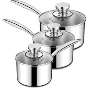 Homikit Stainless Steel Saucepan Set, 1Qt & 2Qt & 3Qt Sauce Pan with Lids 6pcs, Tri-Ply Bottom Induction Compatible Small Cooking Pot kitchen Cookware Set, Dishwasher Safe & Nonstick