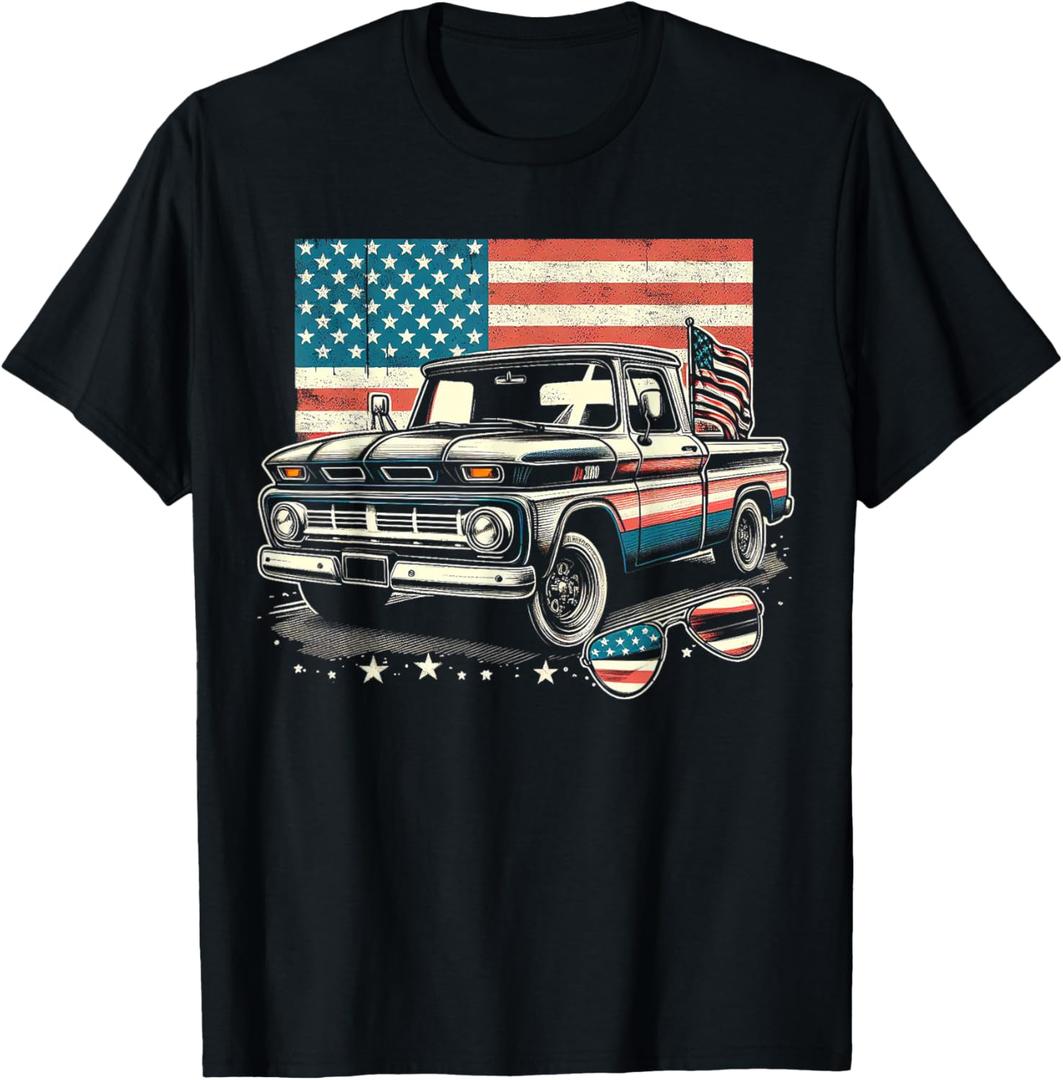 American Flag Pickup Truck Vintage 4th Of July USA Patriotic T-Shirt XL