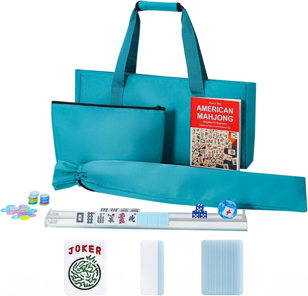 GUSTARIA American Mahjong Game Set, 166 Blue Tiles, Blue Bag and Accessories, 4 All-in-One Transparent Rack/Pushers, Mahjong Tile Set