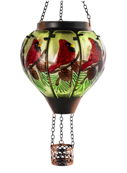 DREAMSKIP Large Hot Air Balloon Cardinal Solar Lantern Lights with Flame, Green Glass Balloon Lantern Waterproof Outdoor Decor for Garden Yard Patio, Birthday Mother's Day Gifts for Moms Women