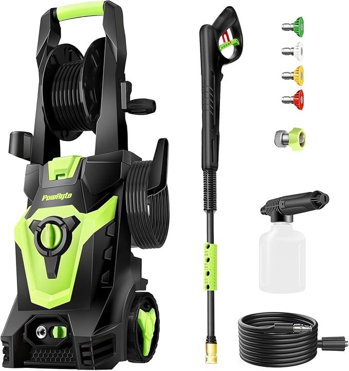 PowRyte Electric Pressure Washer with Hose Reel, Foam Cannon, 4 Different Pressure Tips, Power Washer,3800 PSI 2.4 GPM
