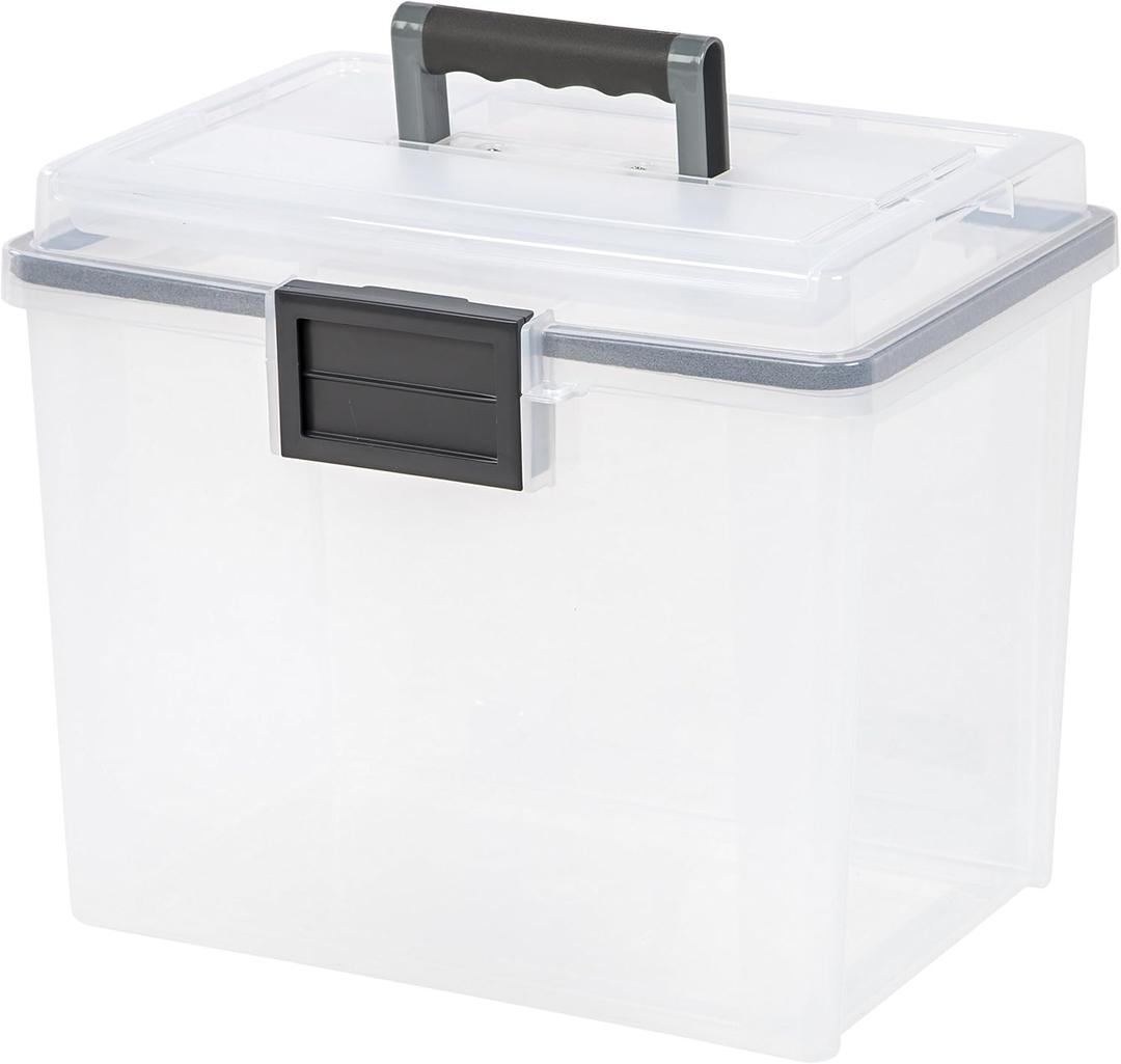 IRIS USA File Box WeatherPro Portable File Organizer Plastic File Box for Letter File w/Organizer-Lid, Durable Lid and Gasket Seal, Secure Latching Buckles, Stackable, Lockable, Clear 19 Qt. 2 Pack