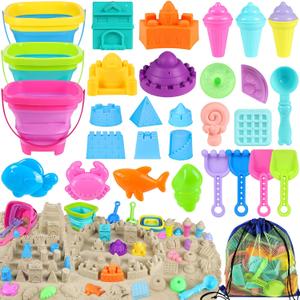Collapsible Beach Toys for Kids Toddlers, 3 Foldable Buckets and Shovels Set, Sand Castle Building Kit, Ice Cream Travel Sand Toys for Sandbox & Mesh Bag, Beach Essentials for Boys Girls Age 3-10