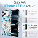 Floral Design Phone Case for iPhone 17 Pro, Wireless Charging Compatible Dual-Layer Hard Shell + Silicone Cover Designs for Girl Women Blue Flower