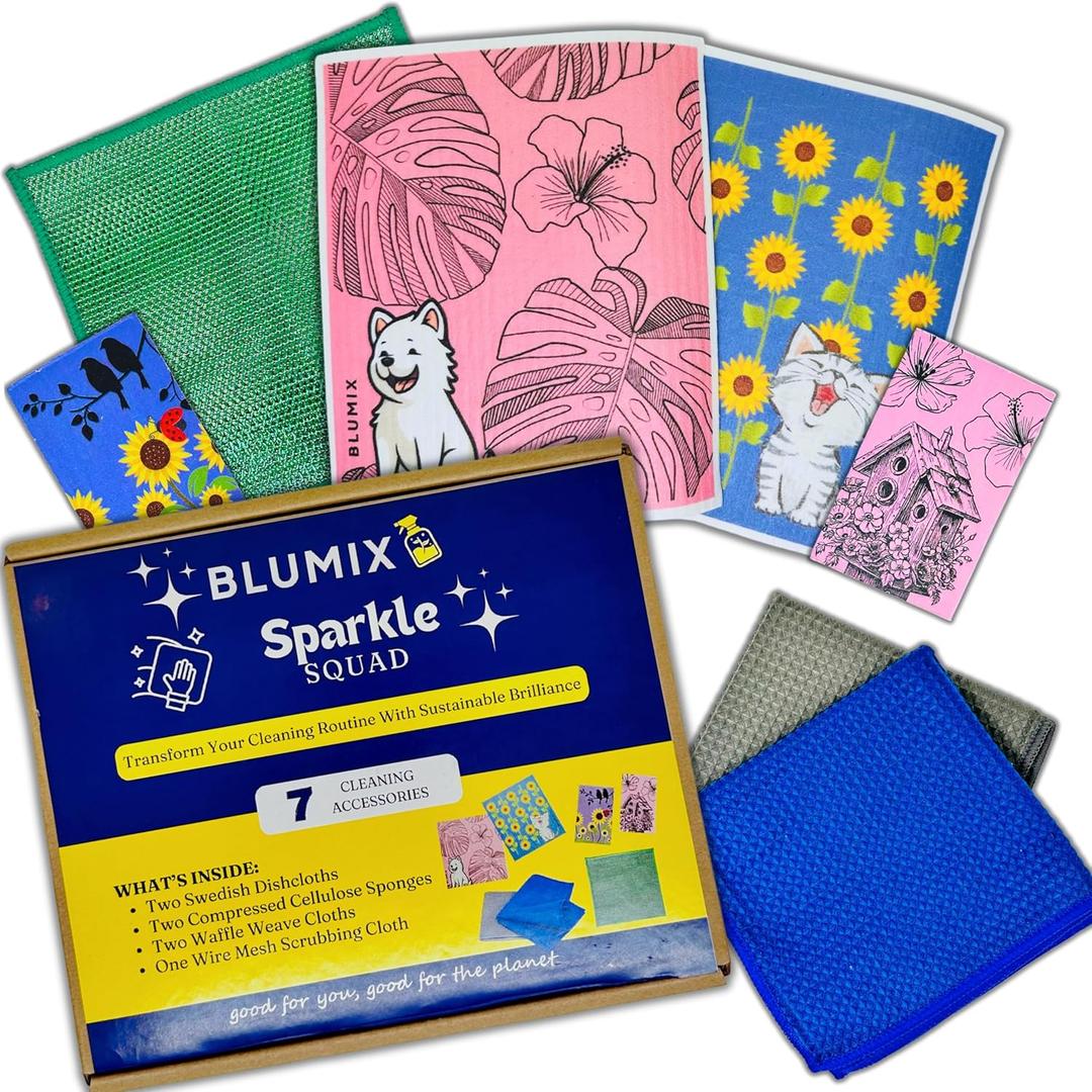 Variety Cleaning Cloth & Sponge Set  7 Items: 2 Swedish Dishcloths, 2 Compressed Cellulose Sponges, 2 Glass Cleaning Cloths, 1 Mesh Wire Scrubbing Cloth | Low-Waste, Plant-Based Essentials