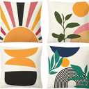 Boho Abstract Pillow Covers Mid Century Modern Throw Pillow Covers Geometric Leaf Sun Bohemian Pillow Cases Cotton Linen Cushion Covers for Couch Bed Sofa Bedroom 18x18 Set of 4